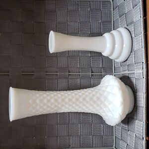 Milk glass vases pair 9in tall Vtg